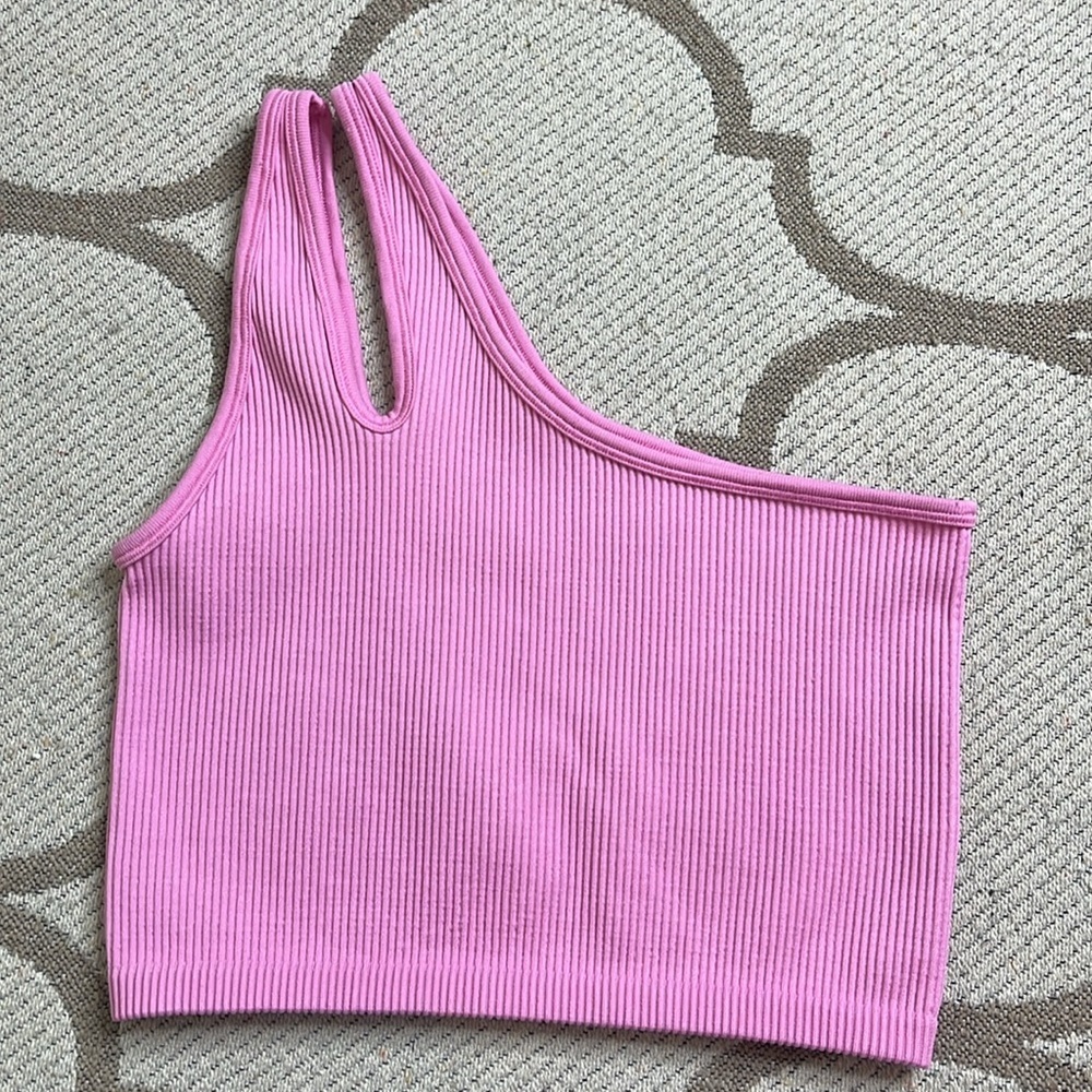 OFFLINE BY AERIE SEAMLESS ONE SHOULDER LONGLINE SPORTS BRA, pink